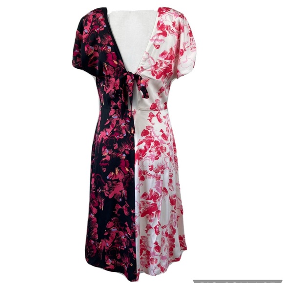 Lewit Double Print Floral 6 Silk Dress V Neck Asymmetrical Pink Black - Picture 2 of 10